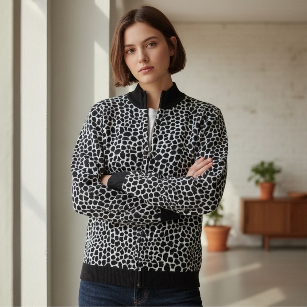 St. John Sport Wool Blend Leopard Animal Print Zip Up Sweater Jacket Navy & Blue